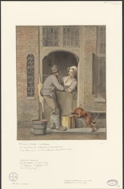 Melkboer praat met een keukenmeid