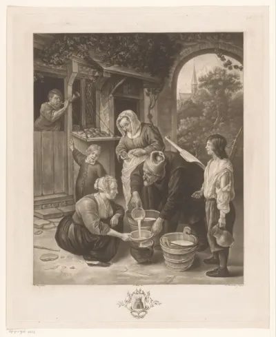 Melkboer schenkt melk voor een bakker