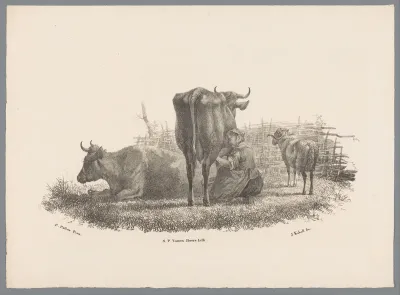 Melkende boerin, twee koeien en een ram