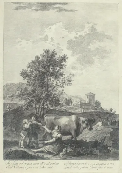 Melkmeid met twee kinderen in een landschap