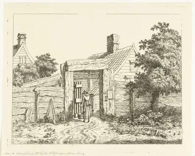 Melkmeisje bij de poort van een boerderij
