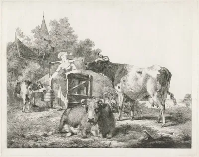 Melkmeisje met drie koeien