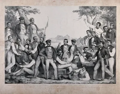 Members of a German students' and alumni organization (Studentenverbindung) standing outdoors, drinking beer; a mountainous river landscape in the background