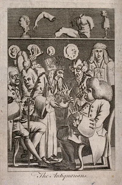 Members of an antiquarian society discussing a broken chamber pot; other antiquities are shown on the back wall