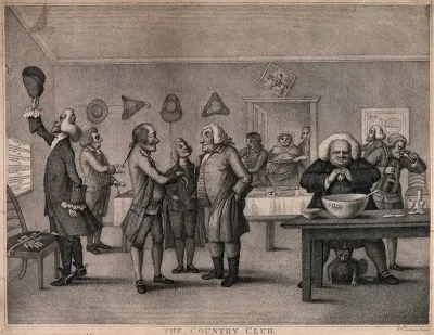 Members of an English country club gathered together in a room, some are talking, others drinking, and food is being brought in on trays