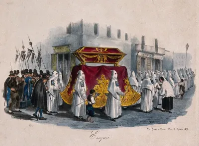 Members of different brotherhoods carrying a coffin during a procession