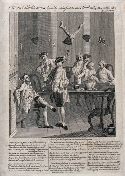 Members of the Noble Order of Bucks drinking and smoking