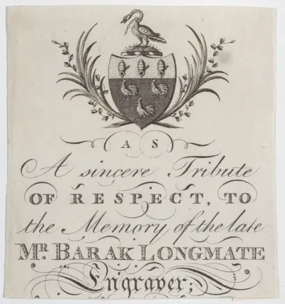 Memorial Card for Mr. Barak Longmate, genealogical editor and heraldic engraver