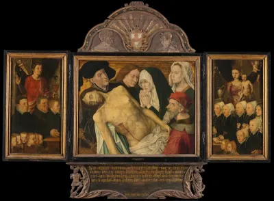 Memorial Triptych, formerly called the Gertz Memorial Triptych, with the Lamentation (central panel), nine male Donor Portraits with Saint John the Evangelist (left wing, inner), nine female Donor Portraits with the Virgin and Child (right wing, inne