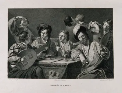 Men and boys at a table drinking as a musician plays the lute