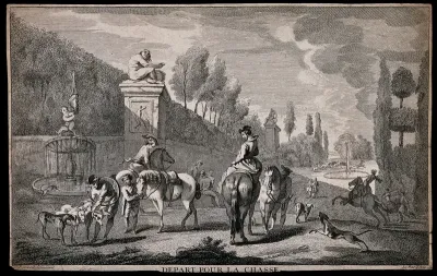 Men and boys in an Italian garden preparing the horses and hounds to go hunting