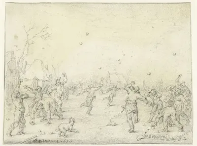 Men and Boys Throwing Snowballs