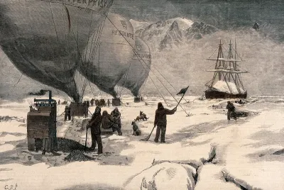 Men and dogs in an arctic landscape with three hot-air balloons: proposed method of reaching the North Pole by J.P