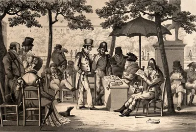 Men and woman are sitting at tables in the open air reading newspapers