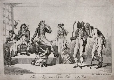 Men and woman in fashionable dress sit and stand around as boys polish the men's boots