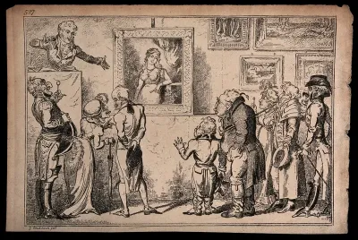 Men and women are attending an auction of paintings: the auctioneer is selling the painting on the wall