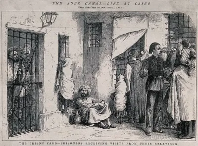 Men and women are gathered outside a prison in Cairo as prisoners look out from behind the bars, and a child stands on ledge to look through the window