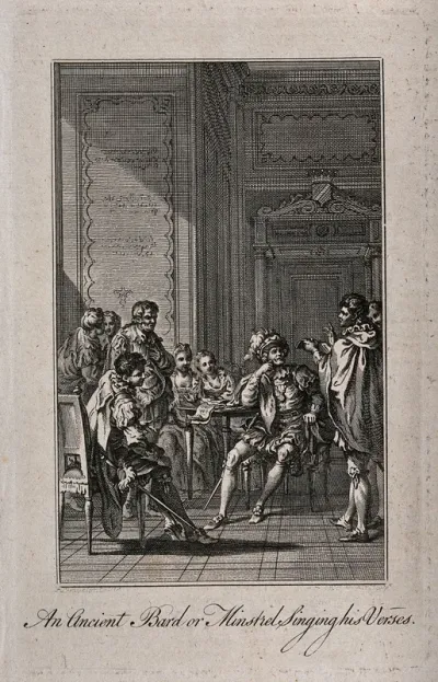 Men and women are sitting around a table as a bard entertains them