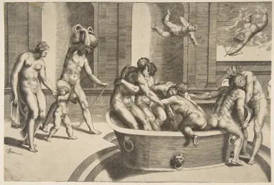 Men and women bathing, some embracing
