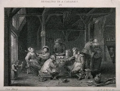 Men and women in a dingy tavern smoking and drinking round a large barrel table