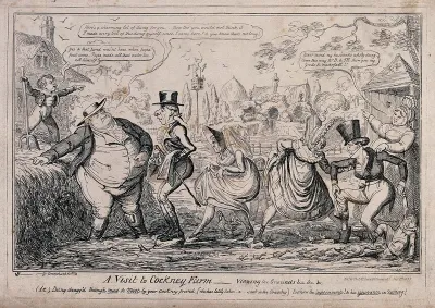 Men and women in smart city clothes are picking their way across a farmyard with chickens and dung; in the background there is a garden much more to their taste with a grotto and statues