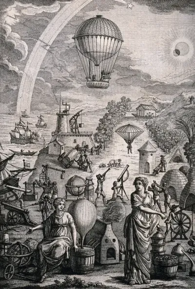 Men and women with telescopes, gyroscopes, a balloon, battle ships, and other forms of technology; representing the benefits of philosophy and science