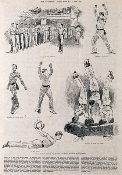 Men are performing a variety of gymnastic and physical exercises