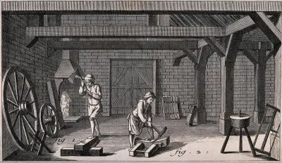 Men are working with picks and axes to make wheels for carriages and carts