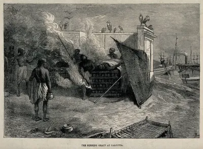 Men at a funeral pyre in Calcutta