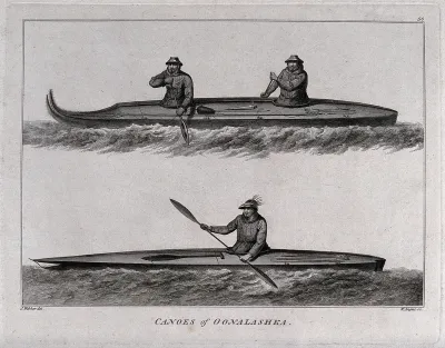 Men at Unalaska, Alaska, in canoes; encountered by Captain Cook on his third voyage (1777-1780)