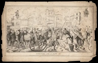 Men attempt to quell the flames of the House of Commons with water piped from fire engines and a rocket attached to a man's back inscribed 'war'