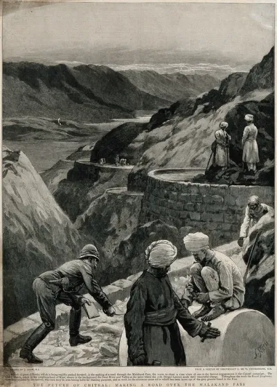 Men building a road through the Malakand Pass, India (subsequently Pakistan)