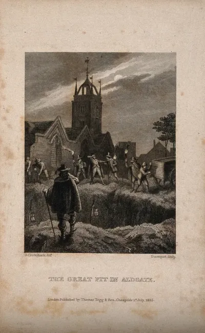 Men burying the bodies of plague victims in a pit