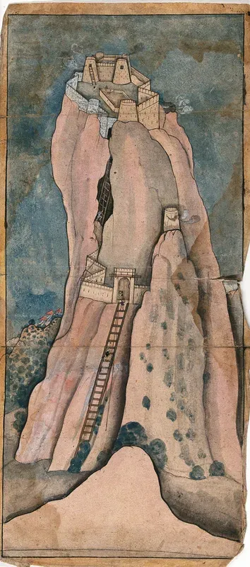 Men climbing a large cliff to reach the fortress on top