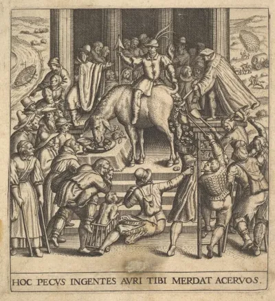 Men collecting dung dropping from the hindquarters of a mule, with a rider sitting backward on the mule and holding its tail aside, surrounded by onlookers spread around a stepped platform, from "Secular Emblems" (Emblemata Saecularia)
