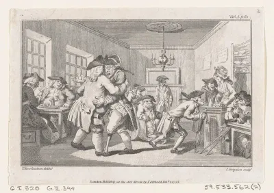 Men Dancing in a Coffee House, an illustration from Tobias Smollett's "The Expedition of Humphry Clinker" (London, 1793), Vol. 1