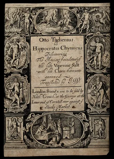 Men digging minerals; a phoenix being reborn; a pelican feeding its chicks with its blood; symbols of the four elements; an apothecary's shop