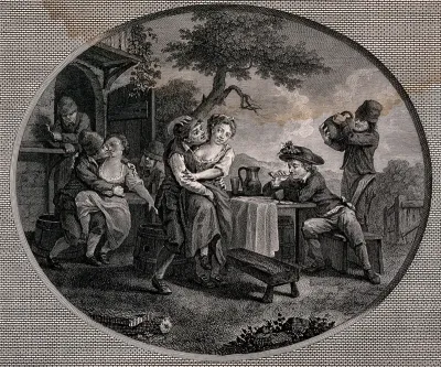 Men drinking and smoking outside a house: drunken men seize women