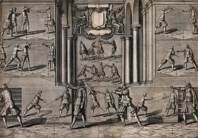 Men fencing. Engraving by Andreas Stock