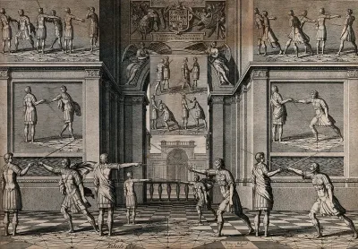 Men fencing. Engraving by Boetius a Bolswert