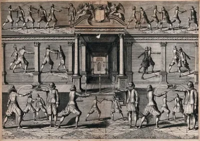 Men fencing. Engraving by Crispaen Queborn