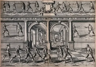 Men fencing. Engraving by Crispiaen van den Queborne