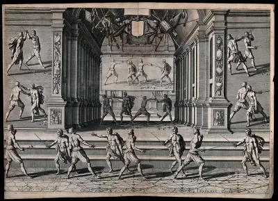 Men fencing. Engraving by Egbert van Paenderen
