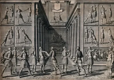 Men fencing. Engraving by Egbert van Panderen