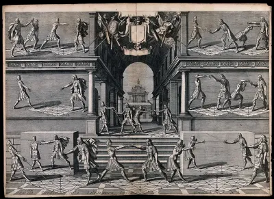 Men fencing. Engraving by J. Gelle