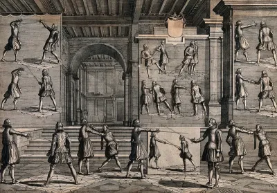Men fencing. Engraving by P. Iselburg, 1628