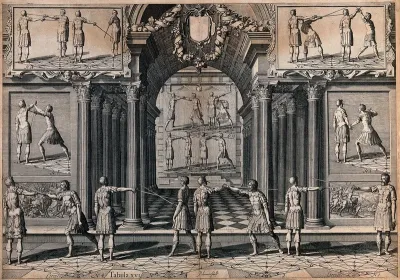 Men fencing. Engraving by P. Serwouters