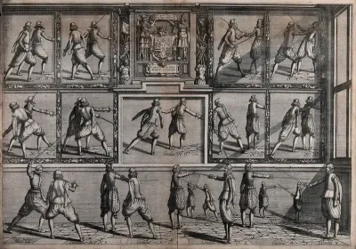 Men fencing. Engraving by Robert Willemsz. Baudoux