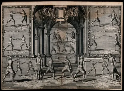 Men fencing. Engraving by Salomon Savarij