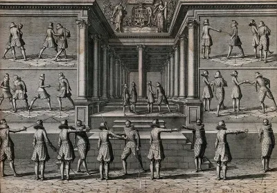 Men fencing. Engraving by Scheltus a Bolswaert